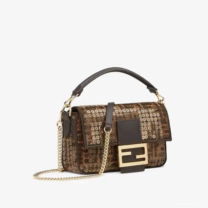 Vintage HOT Brown Sequins Motif Fabric FF Baguette Fendi Bag In Mini with 0702